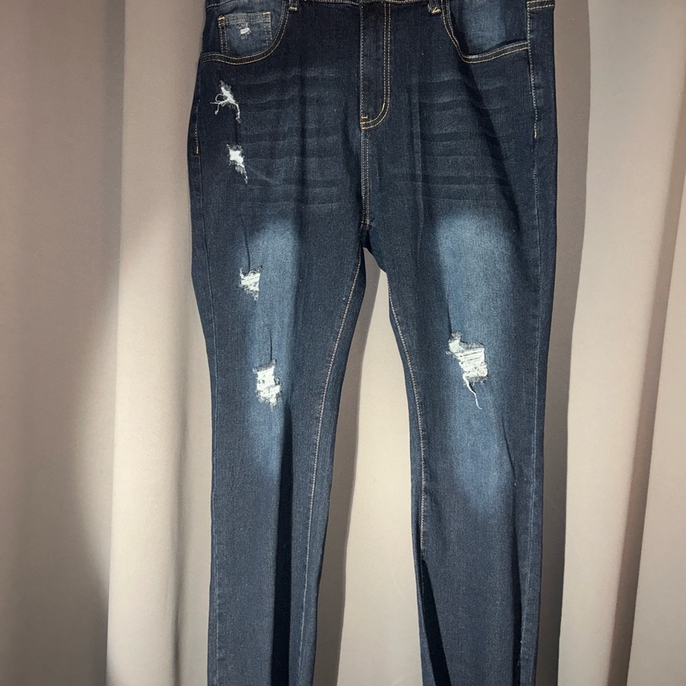Women's Distressed 2X Raw Hem Stretch Blue Jeans NWT